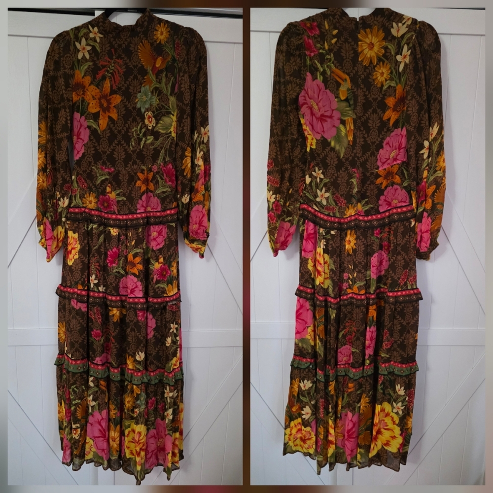 FARM Rio Brown Maxi Dress with Pink & Yellow Floral Print - Picture 5 of 5